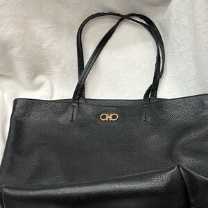 Salvatore Ferragamo Black Leather Tote with Gold Logo